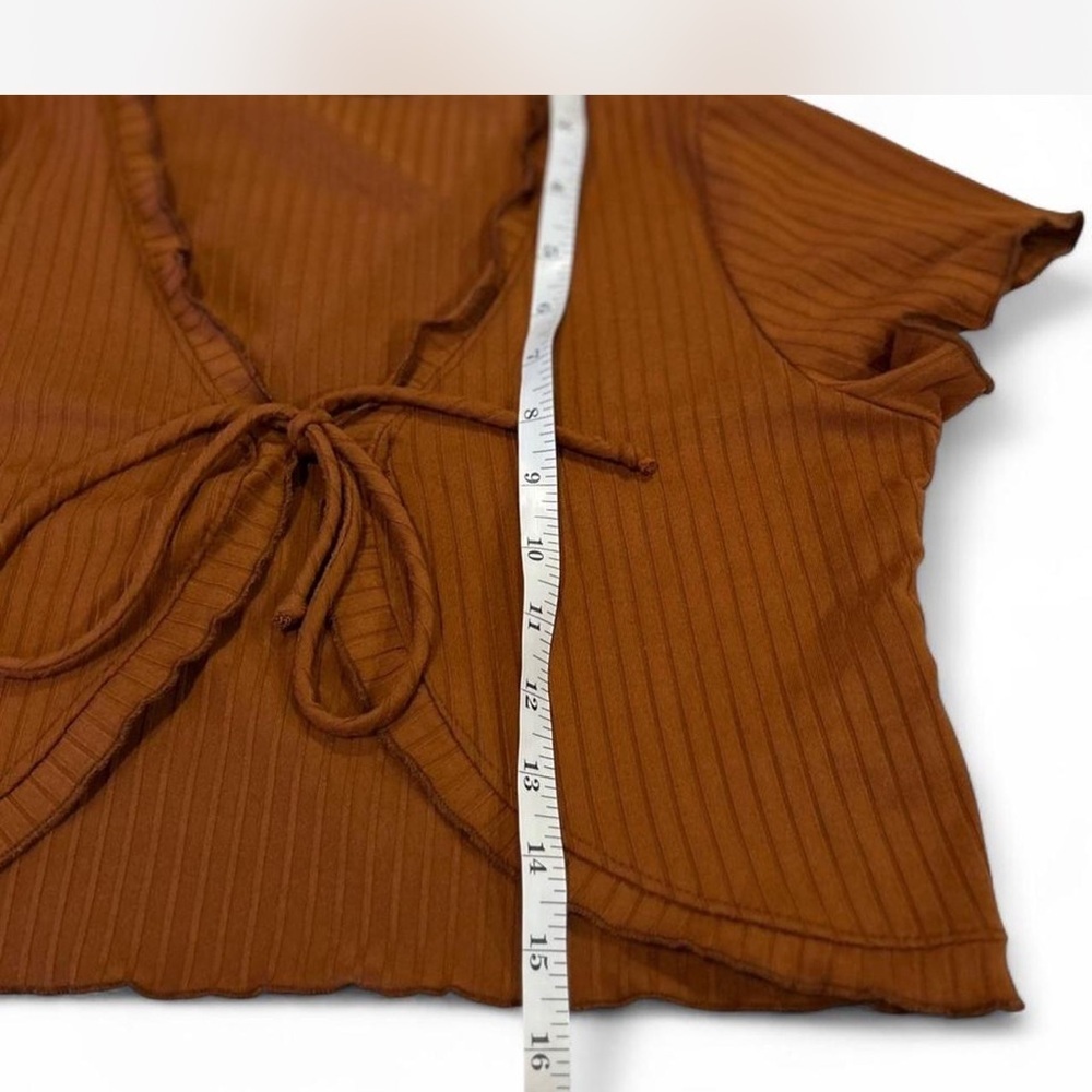 Cropped Tie Front Cardigan Burnt Orange Brown Ribbed Short-sleeved Size XS - Picture 6 of 6